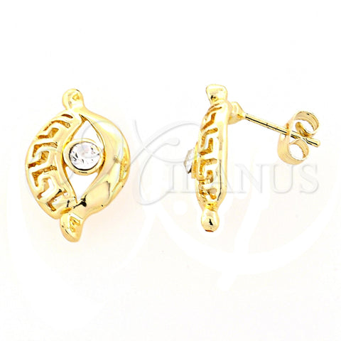 Oro Laminado Stud Earring, Gold Filled Style Greek Key and Evil Eye Design, with White Crystal, Polished, Golden Finish, 02.59.0032 *PROMO*