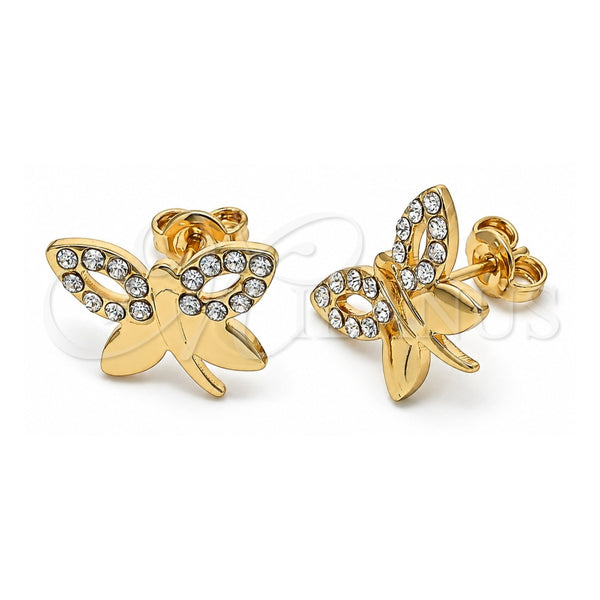 Oro Laminado Stud Earring, Gold Filled Style Butterfly Design, with White Crystal, Polished, Golden Finish, 02.59.0054