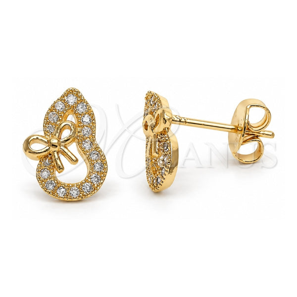 Oro Laminado Stud Earring, Gold Filled Style Bow Design, with White Micro Pave, Polished, Golden Finish, 02.122.0075