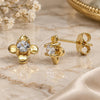 Oro Laminado Stud Earring, Gold Filled Style Flower Design, with White Cubic Zirconia, Polished, Golden Finish, 02.165.0155