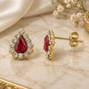 Oro Laminado Stud Earring, Gold Filled Style Teardrop Design, with Garnet and White Crystal, Polished, Golden Finish, 02.59.00052