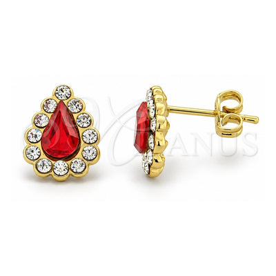 Oro Laminado Stud Earring, Gold Filled Style Teardrop Design, with Garnet and White Crystal, Polished, Golden Finish, 02.59.00052