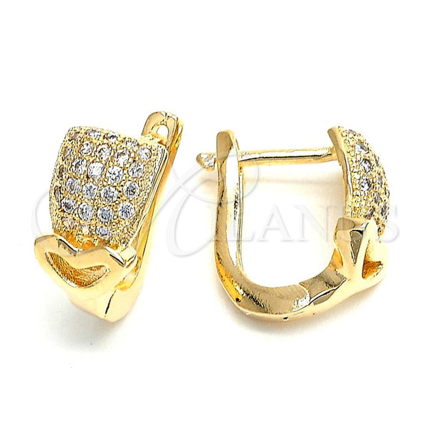 Oro Laminado Huggie Hoop, Gold Filled Style Heart and Love Design, with White Micro Pave, Polished, Golden Finish, 02.156.0165