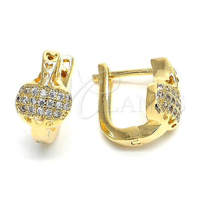 Oro Laminado Huggie Hoop, Gold Filled Style Heart and Love Design, with White Micro Pave, Polished, Golden Finish, 02.156.0159