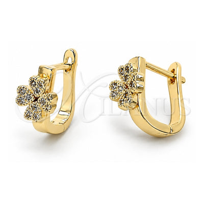 Oro Laminado Huggie Hoop, Gold Filled Style Flower Design, with White Micro Pave, Polished, Golden Finish, 02.156.0164