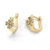 Oro Laminado Huggie Hoop, Gold Filled Style Flower Design, with White Micro Pave, Polished, Golden Finish, 02.156.0164