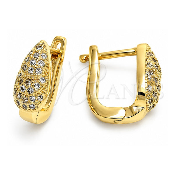 Oro Laminado Huggie Hoop, Gold Filled Style Teardrop Design, with White Micro Pave, Polished, Golden Finish, 02.156.0163