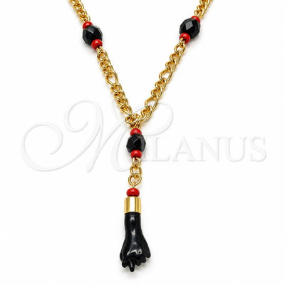 Oro Laminado Fancy Necklace, Gold Filled Style Figa Hand Design, with Black and Orange Red Crystal, Polished, Golden Finish, 5.039.008.18 (03 MM Thickness, 18 Inches Length)