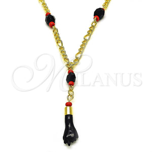 Oro Laminado Fancy Necklace, Gold Filled Style Figa Hand Design, with Black and Orange Red Crystal, Polished, Golden Finish, 5.039.008.18 (03 MM Thickness, 18 Inches Length)