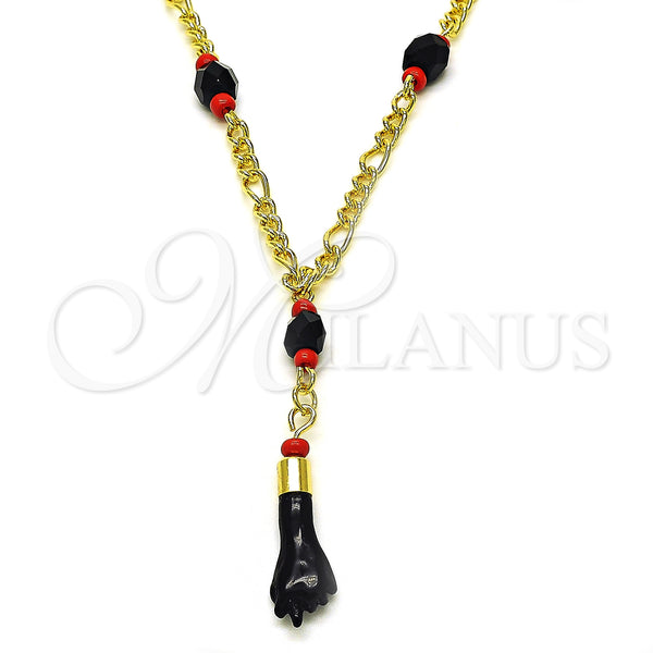 Oro Laminado Fancy Necklace, Gold Filled Style Figa Hand Design, with Black and Orange Red Crystal, Polished, Golden Finish, 5.039.008.18 (03 MM Thickness, 18 Inches Length)