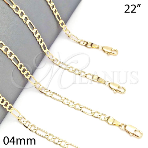 Oro Laminado Basic Necklace, Gold Filled Style Figaro Design, Polished, Golden Finish, 5.222.016.22 (100 Gauge, 04 MM Thickness, 22 Inches Length)