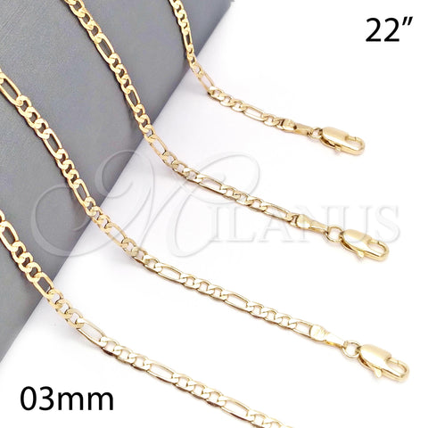 Oro Laminado Basic Necklace, Gold Filled Style Figaro Design, Polished, Golden Finish, 5.222.017.22 (0.80 Gauge, 03 MM Thickness, 22 Inches Length)
