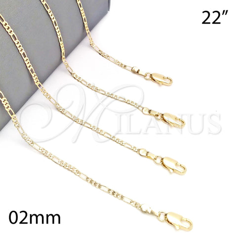 Oro Laminado Basic Necklace, Gold Filled Style Figaro Design, Polished, Golden Finish, 5.222.019.22 (0.50 Gauge, 02 MM Thickness, 22 Inches Length)