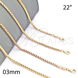 Oro Laminado Basic Necklace, Gold Filled Style Box Design, Polished, Golden Finish, 5.222.037.22 (03 MM Thickness, 22 Inches Length)