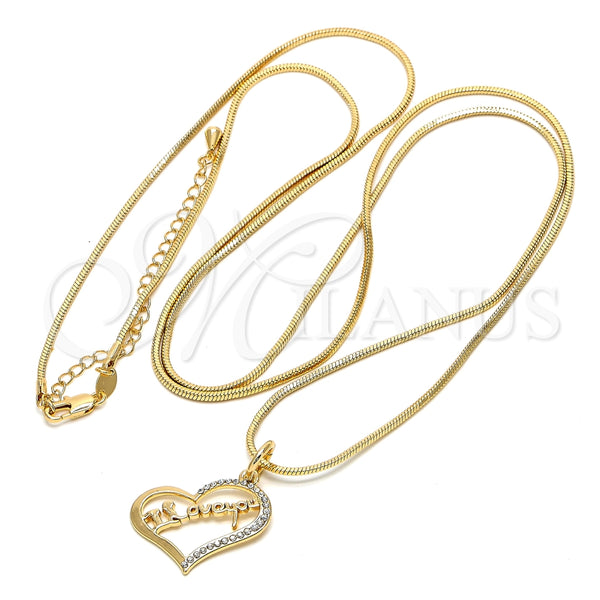 Oro Laminado Pendant Necklace, Gold Filled Style Heart and Rat Tail Design, with White Crystal, Polished, Golden Finish, 04.63.0208 (02 MM Thickness, 38 Inches Length)