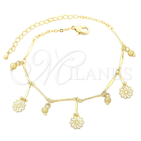 Oro Laminado Charm Anklet , Gold Filled Style Flower and Twist Design, Polished, Golden Finish, 03.105.0032.10 (09 MM Thickness, 10 Inches Length)