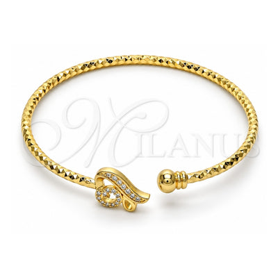 Oro Laminado Individual Bangle, Gold Filled Style Heart Design, with White Cubic Zirconia, Diamond Cutting Finish, Golden Finish, 07.193.0013 (03 MM Thickness, One size fits all)