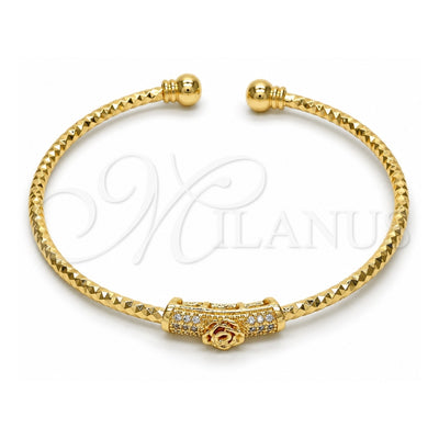 Oro Laminado Individual Bangle, Gold Filled Style Flower Design, with White Micro Pave, Diamond Cutting Finish, Golden Finish, 07.193.0009 (03 MM Thickness, One size fits all)
