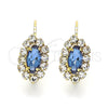 Oro Laminado Leverback Earring, Gold Filled Style Leaf Design, with Sapphire Blue and White Crystal, Polished, Golden Finish, 02.122.0082.3