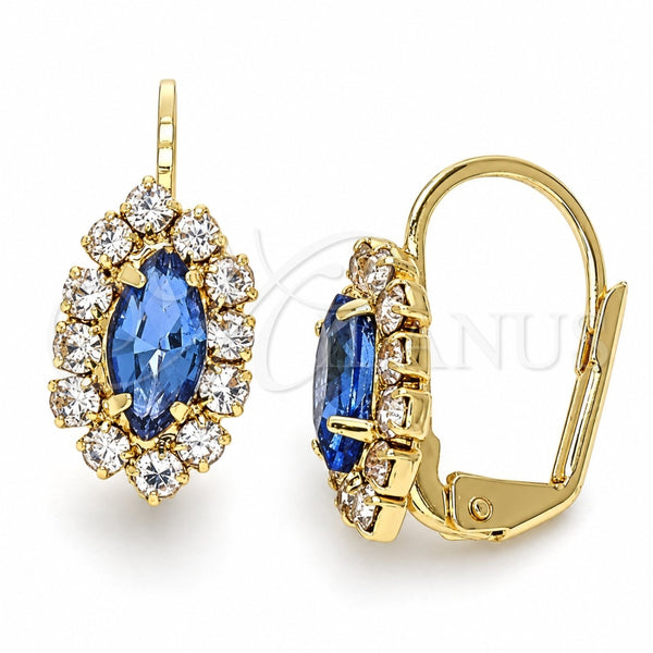 Oro Laminado Leverback Earring, Gold Filled Style Leaf Design, with Sapphire Blue and White Crystal, Polished, Golden Finish, 02.122.0082.3