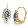Oro Laminado Leverback Earring, Gold Filled Style Leaf Design, with Sapphire Blue and White Crystal, Polished, Golden Finish, 02.122.0082.3