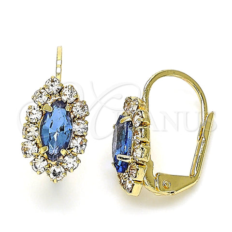 Oro Laminado Leverback Earring, Gold Filled Style Leaf Design, with Sapphire Blue and White Crystal, Polished, Golden Finish, 02.122.0082.3