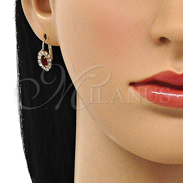 Gold Filled Ring — Leverback Earring Leaf Design with Garnet and White — alternate product view — SKU 100231 | Oro Laminado anillo — Leverback Earring Leaf diseño with Garnet and blanco — SKU 100231