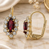 Oro Laminado Leverback Earring, Gold Filled Style Leaf Design, with Garnet and White Crystal, Polished, Golden Finish, 02.122.0082.2