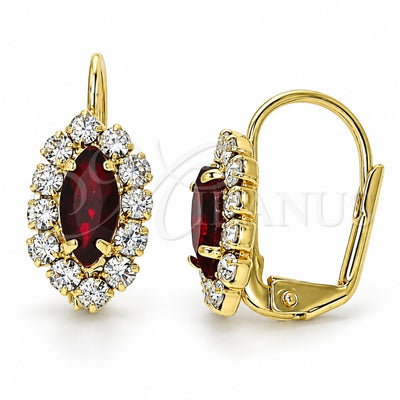 Oro Laminado Leverback Earring, Gold Filled Style Leaf Design, with Garnet and White Crystal, Polished, Golden Finish, 02.122.0082.2