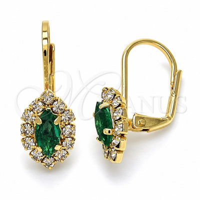 Oro Laminado Leverback Earring, Gold Filled Style Leaf Design, with Emerald and White Crystal, Polished, Golden Finish, 02.122.0082.4