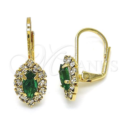 Oro Laminado Leverback Earring, Gold Filled Style Leaf Design, with Emerald and White Crystal, Polished, Golden Finish, 02.122.0082.4