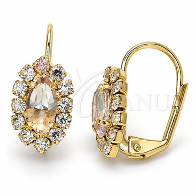 Oro Laminado Leverback Earring, Gold Filled Style Leaf Design, with White Crystal, Polished, Golden Finish, 02.122.0082
