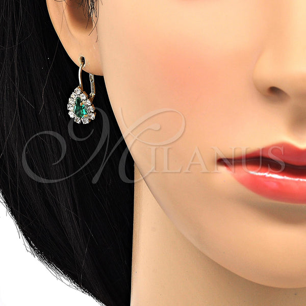 Gold Filled Ring — Leverback Earring Teardrop Design with Emerald and White — alternate product view — SKU 100237 | Oro Laminado anillo — Leverback Earring Teardrop diseño with Emerald and blanco — SKU 100237