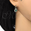 Oro Laminado Leverback Earring, Gold Filled Style Teardrop Design, with Emerald and White Crystal, Polished, Golden Finish, 5.125.012.2