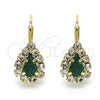 Oro Laminado Leverback Earring, Gold Filled Style Teardrop Design, with Emerald and White Crystal, Polished, Golden Finish, 5.125.012.2