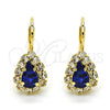 Oro Laminado Leverback Earring, Gold Filled Style Teardrop Design, with Sapphire Blue and White Crystal, Polished, Golden Finish, 5.125.012.1