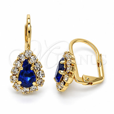 Oro Laminado Leverback Earring, Gold Filled Style Teardrop Design, with Sapphire Blue and White Crystal, Polished, Golden Finish, 5.125.012.1