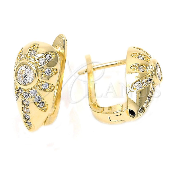 Gold Filled Hoop Earrings — Huggie Hoop Flower Design with White Crystal and — main product view — SKU 100301 | Oro Laminado aretes de aro — Huggie Hoop flor diseño with cristal blanco and — SKU 100301