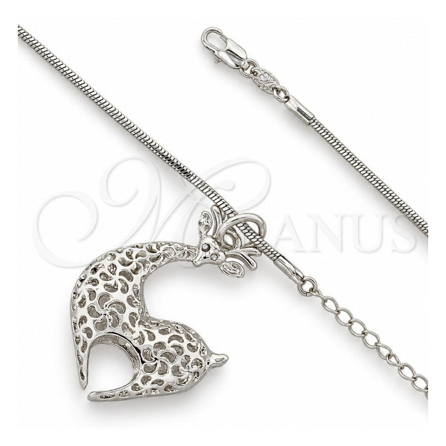 White Gold Filled Pendant Necklace, Deer and Rat Tail Design, with White Crystal, Polished, Rhodium Finish, 04.63.0207.1 (02 MM Thickness, 38 Inches Length)