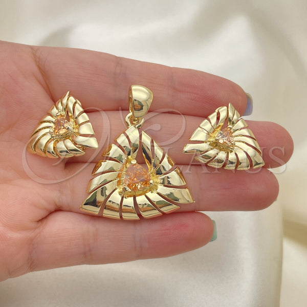 Gold Filled Ring — Earring and Pendant Adult Set with Orange Cubic — main product view — SKU 100326 | Oro Laminado anillo — Earring and Pendant Adult Set with Orange Cubic — SKU 100326