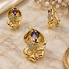 Oro Laminado Earring and Pendant Adult Set, Gold Filled Style Flower Design, with Amethyst and White Crystal, Polished, Golden Finish, 10.59.0193.3