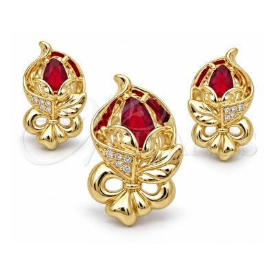 Oro Laminado Earring and Pendant Adult Set, Gold Filled Style Bow and Flower Design, with Garnet Crystal and White Cubic Zirconia, Polished, Golden Finish, 10.59.0193.2