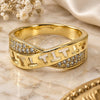Oro Laminado Multi Stone Ring, Gold Filled Style Greek Key Design, with White Micro Pave, Polished, Golden Finish, 01.194.0005.07 (Size 7)