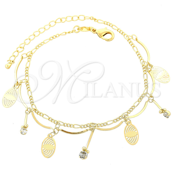 Oro Laminado Charm Anklet , Gold Filled Style Leaf and Figaro Design, with White Cubic Zirconia, Polished, Golden Finish, 03.63.0134.10 (03 MM Thickness, 10 Inches Length)