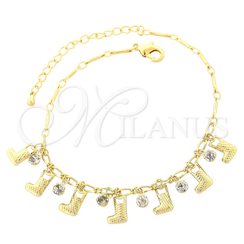Oro Laminado Charm Anklet , Gold Filled Style Shoes Design, with White Cubic Zirconia, Diamond Cutting Finish, Golden Finish, 03.63.0644.10 (05 MM Thickness, 10 Inches Length)