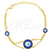 Oro Laminado Fancy Bracelet, Gold Filled Style Evil Eye Design, with Sapphire Blue Opal, Polished, Golden Finish, 03.60.0118.07 (7 Inches Length)