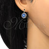 Oro Laminado Leverback Earring, Gold Filled Style Flower Design, with Sapphire Blue and White Crystal, Polished, Golden Finish, 5.125.009.1
