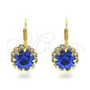 Oro Laminado Leverback Earring, Gold Filled Style Flower Design, with Sapphire Blue and White Crystal, Polished, Golden Finish, 5.125.009.1