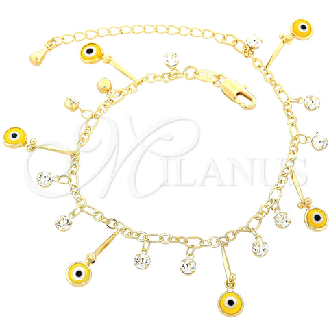 Oro Laminado Charm Bracelet, Gold Filled Style Evil Eye Design, with White Cubic Zirconia, Yellow Resin Finish, Golden Finish, 03.63.0180.08 (02 MM Thickness, 8 Inches Length)