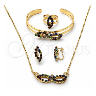 Oro Laminado Necklace, Bracelet, Earring and Ring, Gold Filled Style Infinite Design, with Multicolor Cubic Zirconia, Polished, Golden Finish, 06.165.0008